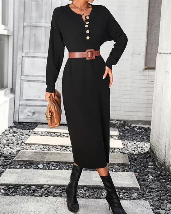 Buttoned Split-Joint Long Sleeves Loose Round-Neck Sweater Dresses Midi Dresses