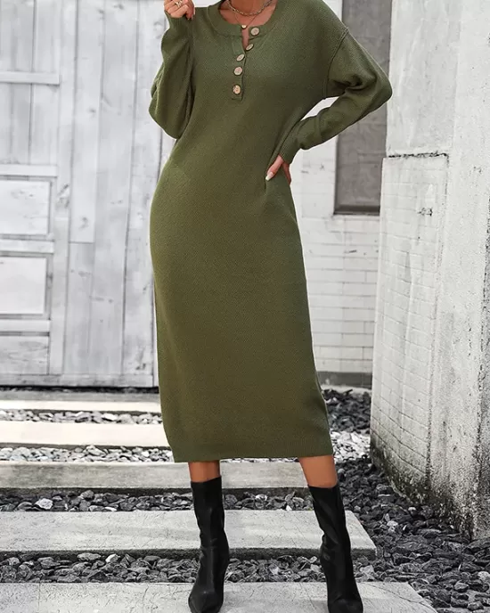 Buttoned Split-Joint Long Sleeves Loose Round-Neck Sweater Dresses Midi Dresses