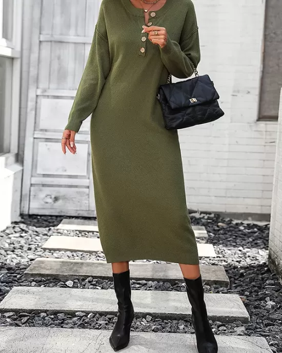 Buttoned Split-Joint Long Sleeves Loose Round-Neck Sweater Dresses Midi Dresses