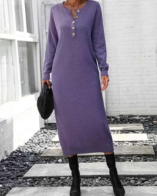 Buttoned Split-Joint Long Sleeves Loose Round-Neck Sweater Dresses Midi Dresses