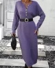 Buttoned Split-Joint Long Sleeves Loose Round-Neck Sweater Dresses Midi Dresses