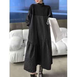 A-Line Long Sleeves Asymmetric Solid Color Split-Joint High-Neck Midi Dresses Sweater Dresses