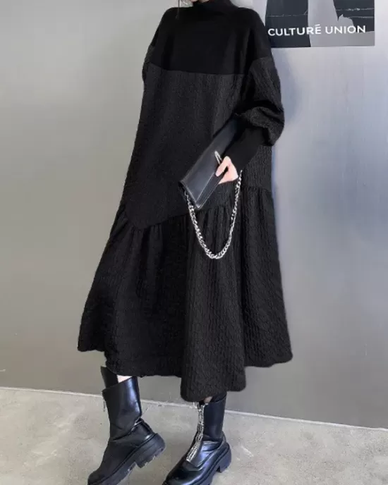 A-Line Long Sleeves Asymmetric Solid Color Split-Joint High-Neck Midi Dresses Sweater Dresses