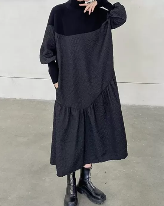 A-Line Long Sleeves Asymmetric Solid Color Split-Joint High-Neck Midi Dresses Sweater Dresses