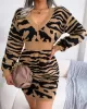 Split-Joint Tiger Skin Pattern High Waisted Long Sleeves V-Neck Sweater Dresses Mini Dresses