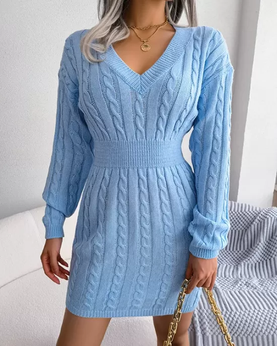 Solid Color High Waisted Long Sleeves V-Neck Sweater Dresses Mini Dresses