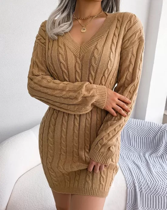 Solid Color High Waisted Long Sleeves V-Neck Sweater Dresses Mini Dresses