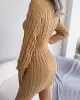 Solid Color High Waisted Long Sleeves V-Neck Sweater Dresses Mini Dresses