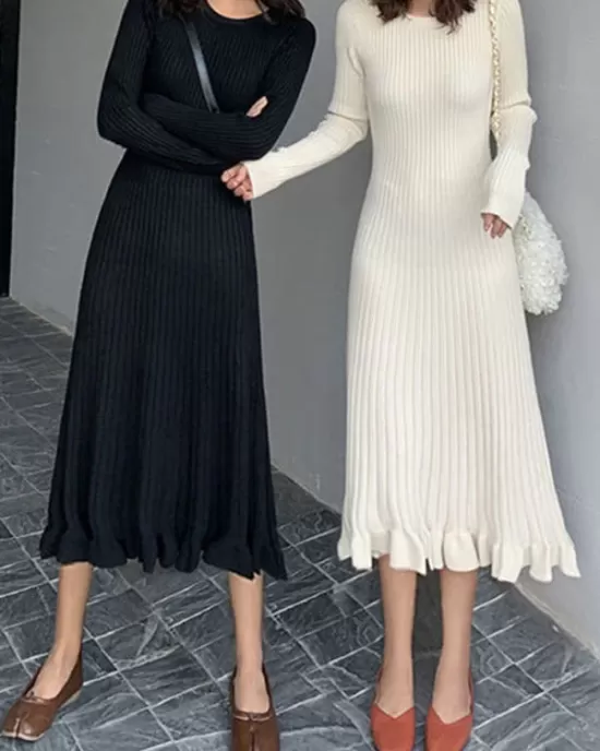 Ruffled Solid Color Long Sleeves Loose Round-Neck Sweater Dresses Midi Dresses