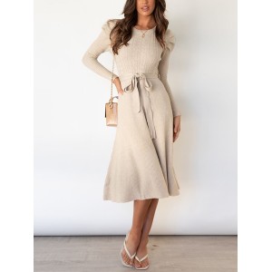 Solid Color Tied Waist High Waisted Long Sleeves Round-Neck Sweater Dresses Midi Dresses