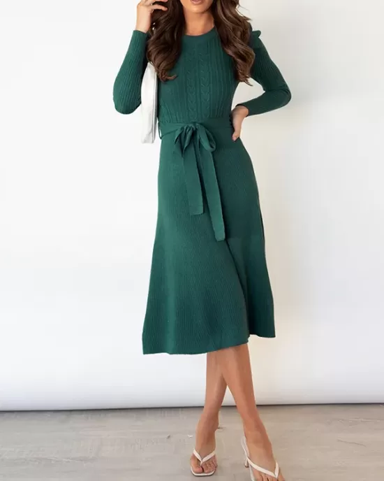 Solid Color Tied Waist High Waisted Long Sleeves Round-Neck Sweater Dresses Midi Dresses