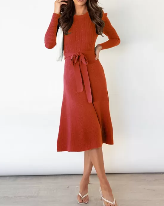 Solid Color Tied Waist High Waisted Long Sleeves Round-Neck Sweater Dresses Midi Dresses