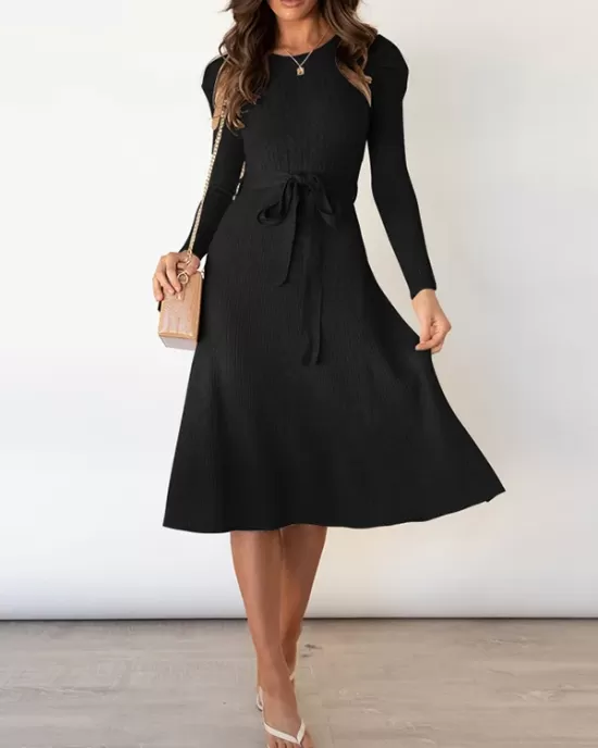 Solid Color Tied Waist High Waisted Long Sleeves Round-Neck Sweater Dresses Midi Dresses