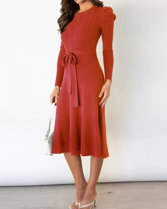 Solid Color Tied Waist High Waisted Long Sleeves Round-Neck Sweater Dresses Midi Dresses