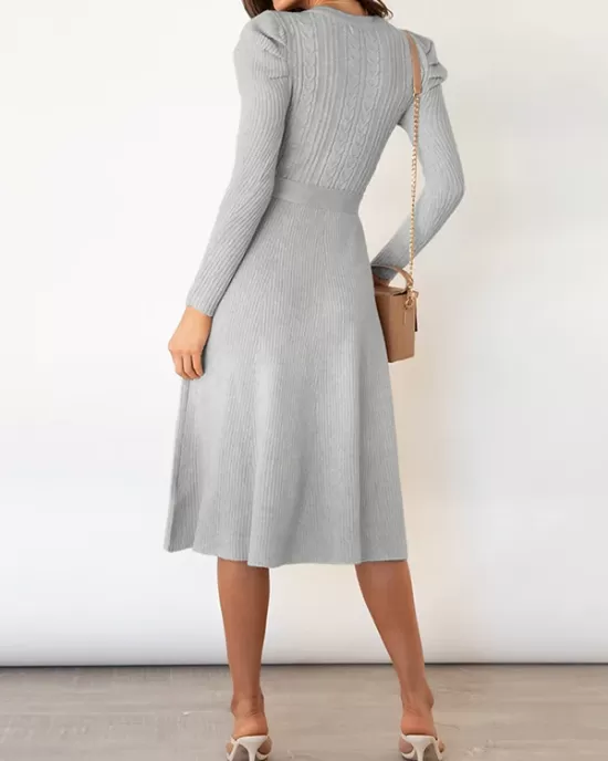 Solid Color Tied Waist High Waisted Long Sleeves Round-Neck Sweater Dresses Midi Dresses