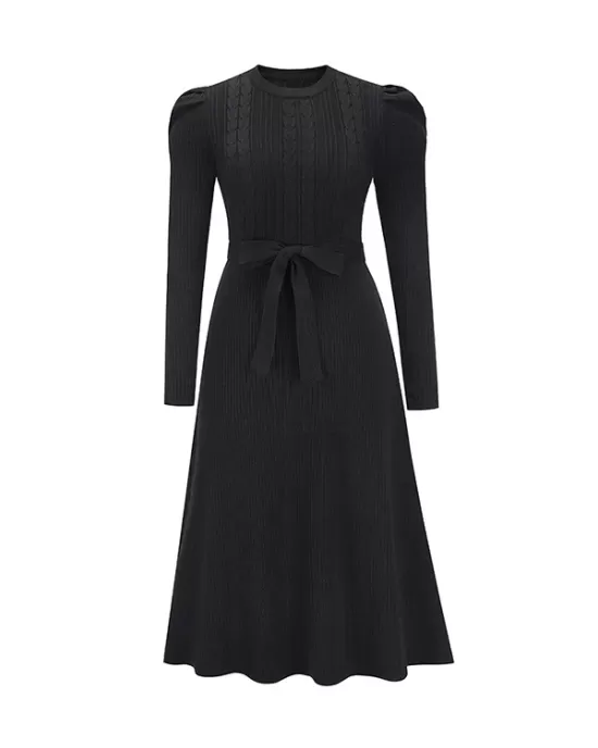 Solid Color Tied Waist High Waisted Long Sleeves Round-Neck Sweater Dresses Midi Dresses