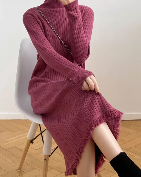 Fringed Solid Color Long Sleeves Loose Mock Neck Sweater Dresses Midi Dresses