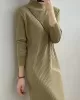 Fringed Solid Color Long Sleeves Loose Mock Neck Sweater Dresses Midi Dresses