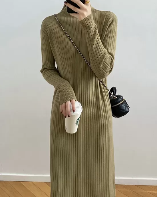 Fringed Solid Color Long Sleeves Loose Mock Neck Sweater Dresses Midi Dresses