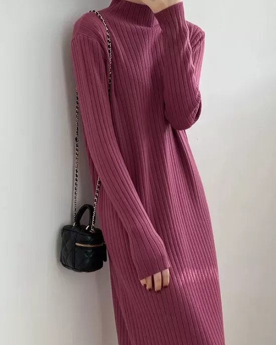 Fringed Solid Color Long Sleeves Loose Mock Neck Sweater Dresses Midi Dresses