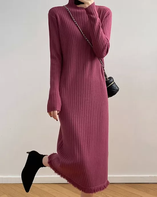 Fringed Solid Color Long Sleeves Loose Mock Neck Sweater Dresses Midi Dresses