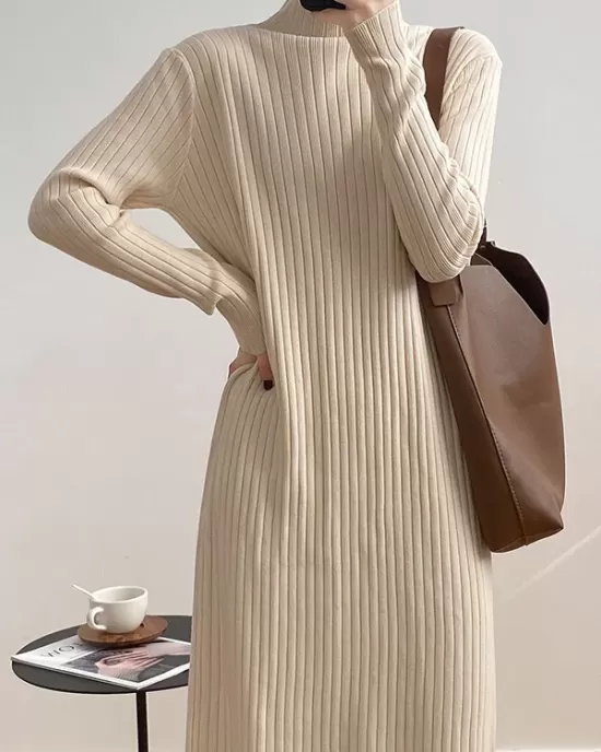 Fringed Solid Color Long Sleeves Loose Mock Neck Sweater Dresses Midi Dresses