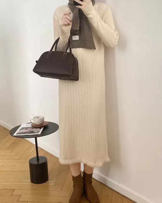 Fringed Solid Color Long Sleeves Loose Mock Neck Sweater Dresses Midi Dresses