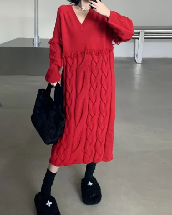 Solid Color Split-Joint Tasseled Long Sleeves Loose V-Neck Sweater Dresses Midi Dresses