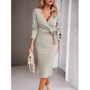 Asymmetric Solid Color Tied Waist High Waisted Long Sleeves Deep V-Neck Sweater Dresses Midi Dresses