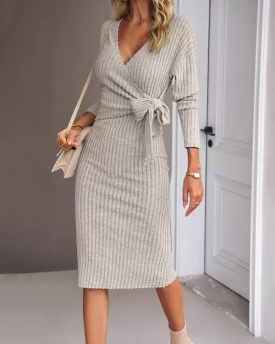 Asymmetric Solid Color Tied Waist High Waisted Long Sleeves Deep V-Neck Sweater Dresses Midi Dresses