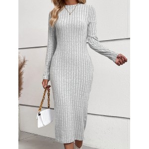 Solid Color Split-Joint Long Sleeves Skinny Round-Neck Sweater Dresses Midi Dresses