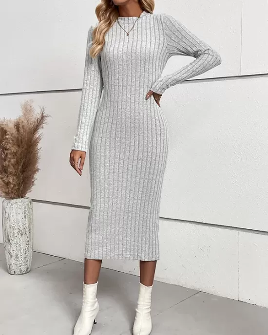 Solid Color Split-Joint Long Sleeves Skinny Round-Neck Sweater Dresses Midi Dresses