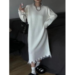 Fringed Solid Color High Waisted Long Sleeves Round-Neck Sweater Dresses Midi Dresses