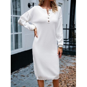 Buttoned Long Sleeves Loose Round-Neck Sweater Dresses Midi Dresses