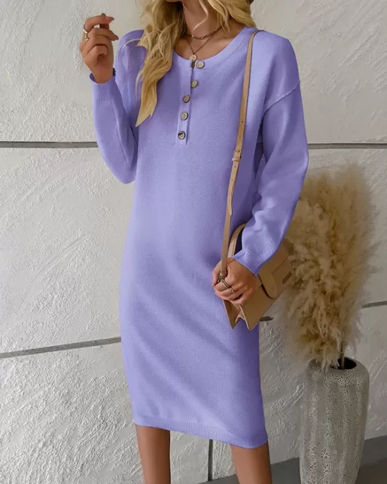 Buttoned Long Sleeves Loose Round-Neck Sweater Dresses Midi Dresses