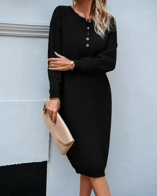 Buttoned Long Sleeves Loose Round-Neck Sweater Dresses Midi Dresses