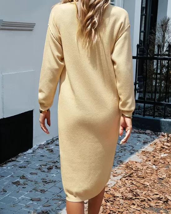 Buttoned Long Sleeves Loose Round-Neck Sweater Dresses Midi Dresses