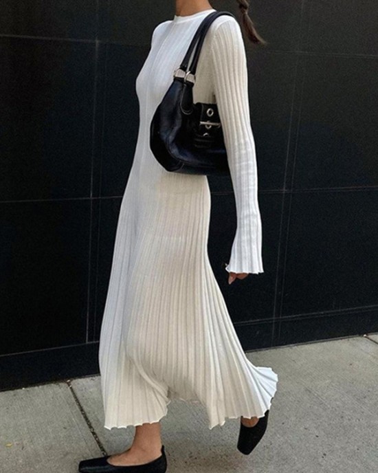 Flared Sleeves Skinny Pleated Solid Color Maxi Sweater Dresses