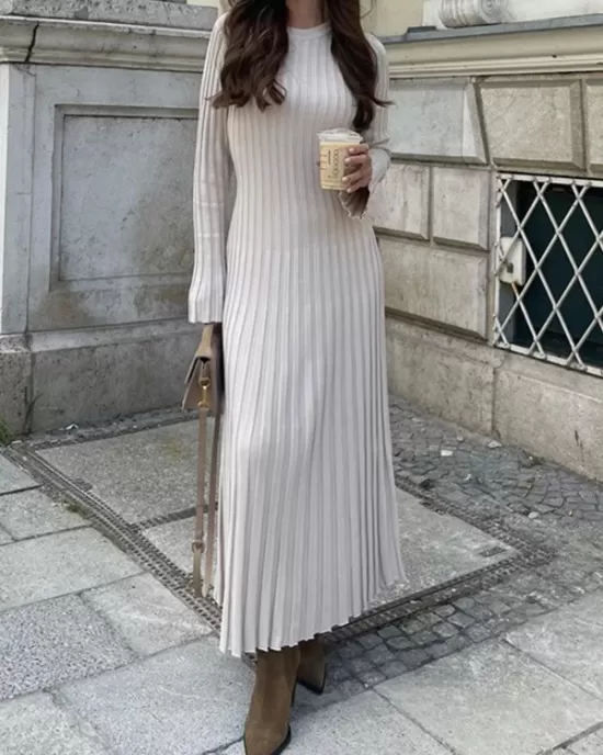 Flared Sleeves Skinny Pleated Solid Color Maxi Sweater Dresses