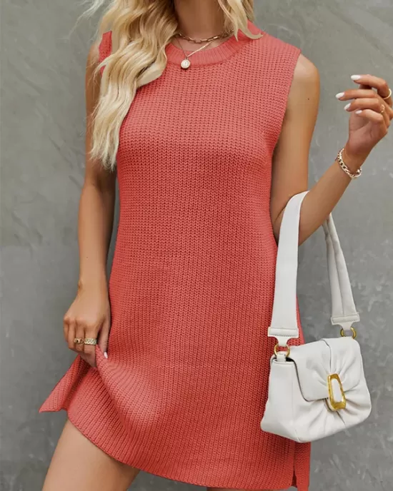 Solid Color Split-Side Tied Waist A-Line Loose Round-Neck Sweater Dresses Mini Dresses