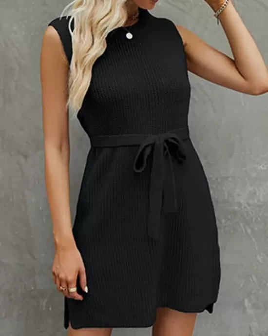 Solid Color Split-Side Tied Waist A-Line Loose Round-Neck Sweater Dresses Mini Dresses