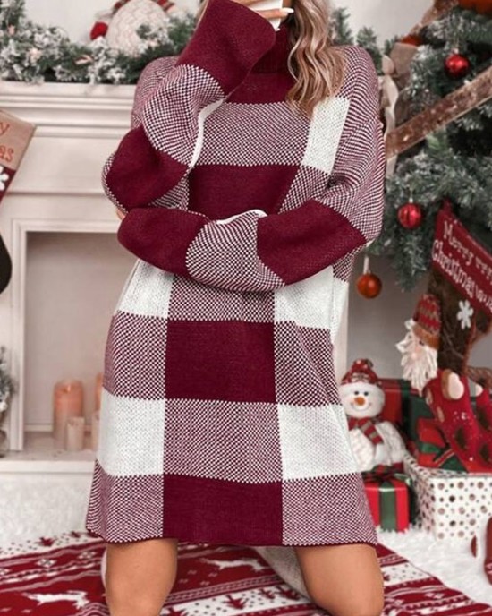 Contrast Color Plaid Long Sleeves Loose High Neck Sweater Dresses Mini Dresses