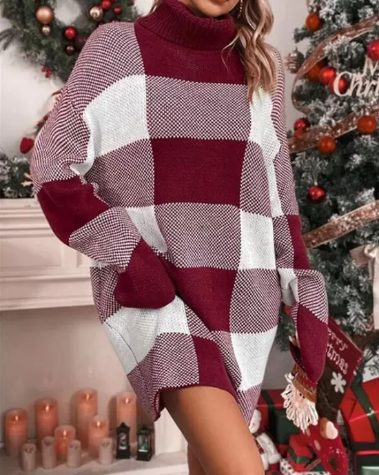 Contrast Color Plaid Long Sleeves Loose High Neck Sweater Dresses Mini Dresses