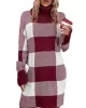 Contrast Color Plaid Long Sleeves Loose High Neck Sweater Dresses Mini Dresses