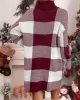 Contrast Color Plaid Long Sleeves Loose High Neck Sweater Dresses Mini Dresses