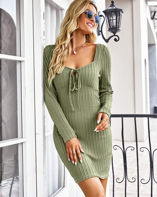 Vacation Long Sleeves Wrap Solid Color U-Neck Dress