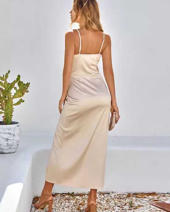 Vacation Sleeveless Wrap Solid Color U-Neck Maxi Dress