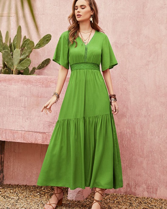 Vacation Half Sleeves Wrap Solid Color V-Neck Maxi Dress