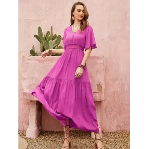 Vacation Half Sleeves Wrap Solid Color V-Neck Maxi Dress