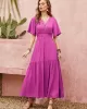 Vacation Half Sleeves Wrap Solid Color V-Neck Maxi Dress